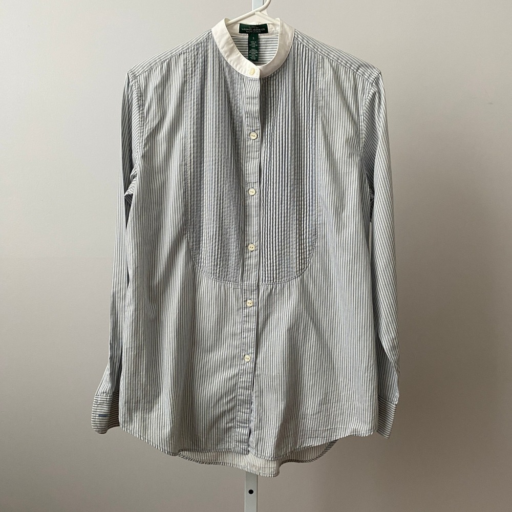 Lauren Ralph‎ Lauren Preppy S Blue Striped Button Tuxedo Bib Grandmillennial